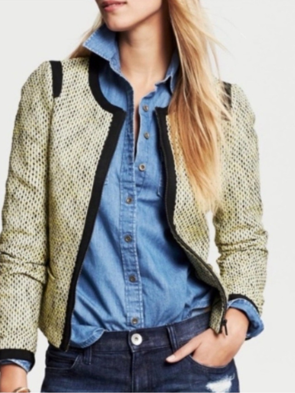 Banana Republic Women’s Yellow Tweed Fall Blazer with Black Trim Size 8